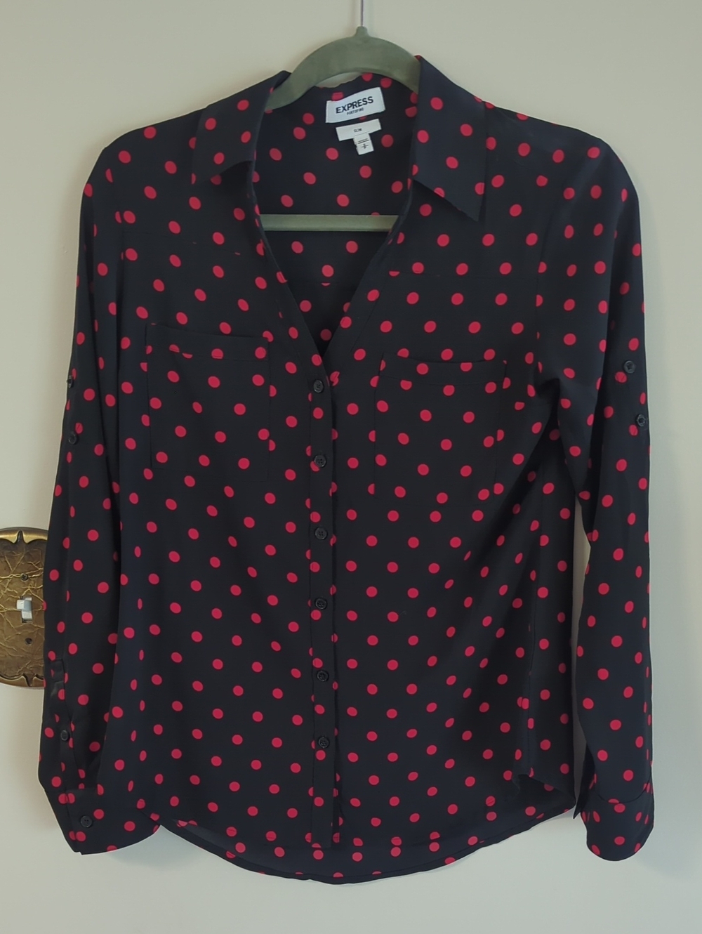 Express Women’s Black Blouse with Red Polka Dots